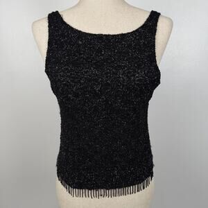 Vintage Y2K E N T Entrancy Black Metallic Shimmer Beaded Fringe Tank Top